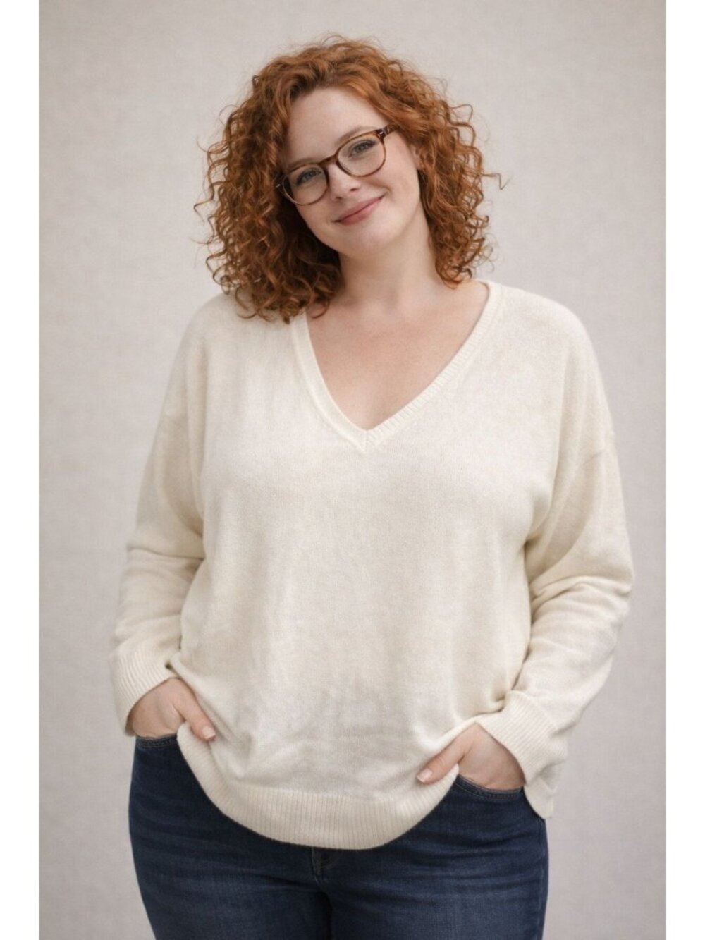 A New Day Womens V-Neck Pullover Sweater Ivory 2X Recycled Polyester Blend